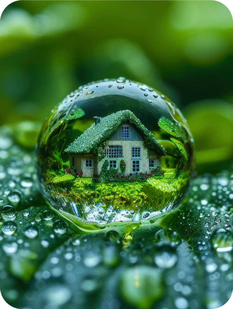 A green droplet of water reflecting a countryside fantasy house.